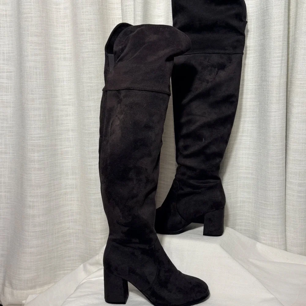 Dream Pairs Over The Knee Thigh High Sz 7‎ Gray Faux Suede Block Heel Side Zip